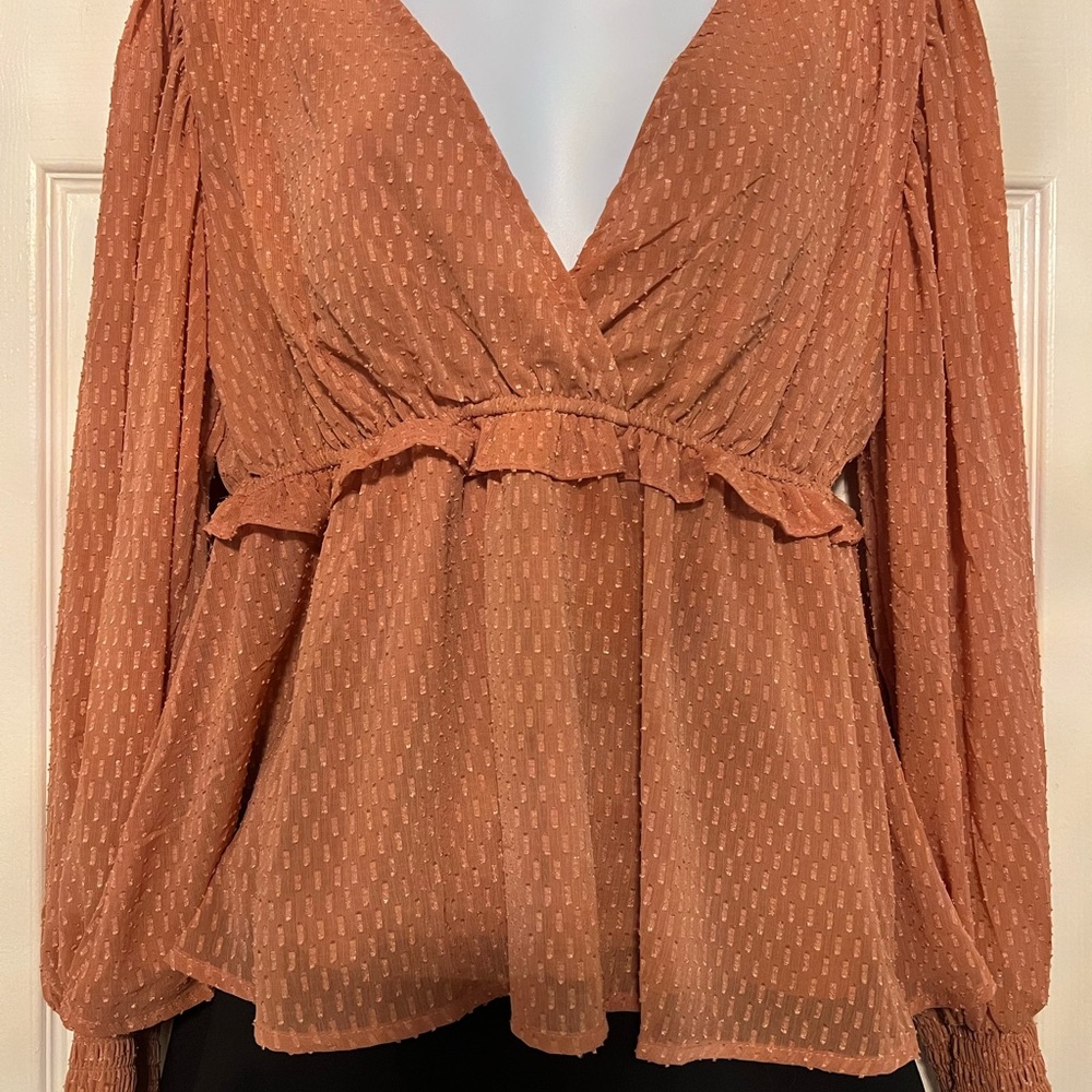 Blu Pepper Textured Salmon Swiss Dot Blouse
